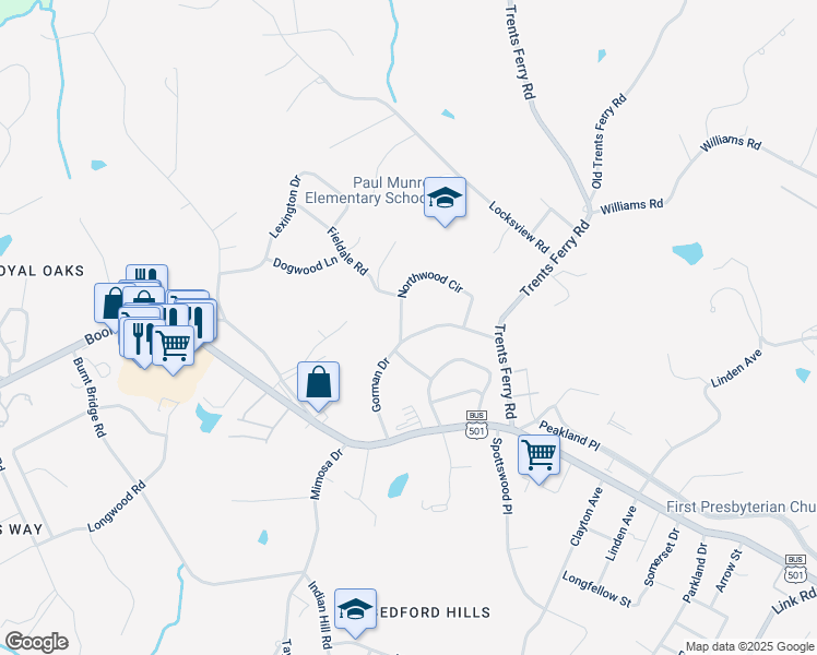 map of restaurants, bars, coffee shops, grocery stores, and more near 4346 Gorman Drive in Lynchburg