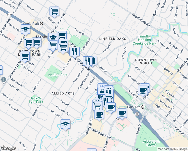 map of restaurants, bars, coffee shops, grocery stores, and more near 115 El Camino Real in Menlo Park