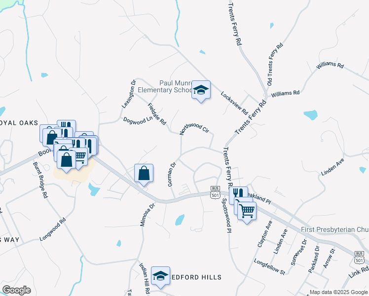 map of restaurants, bars, coffee shops, grocery stores, and more near 4346 Gorman Drive in Lynchburg