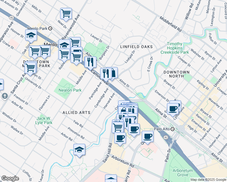 map of restaurants, bars, coffee shops, grocery stores, and more near 115 El Camino Real in Menlo Park