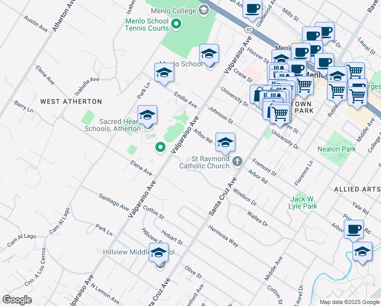 map of restaurants, bars, coffee shops, grocery stores, and more near 1360 Garden Lane in Menlo Park