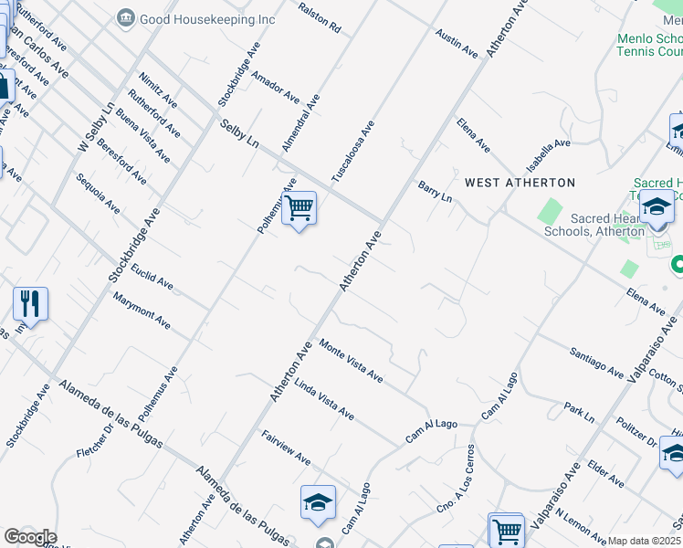 map of restaurants, bars, coffee shops, grocery stores, and more near 1 Stern Lane in Atherton