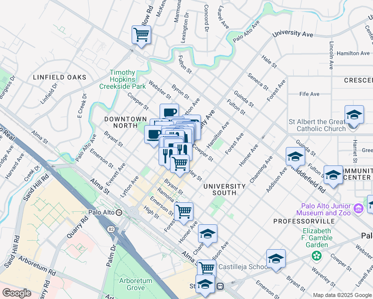 map of restaurants, bars, coffee shops, grocery stores, and more near 432 University Avenue in Palo Alto