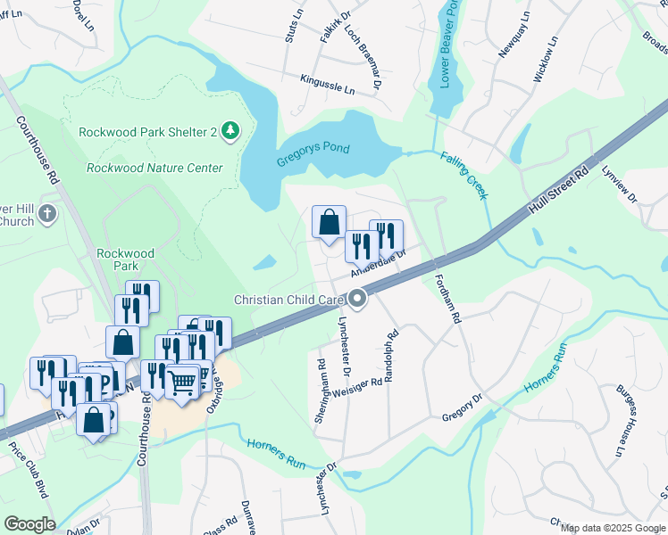 map of restaurants, bars, coffee shops, grocery stores, and more near 9400 Amberleigh Circle in Richmond