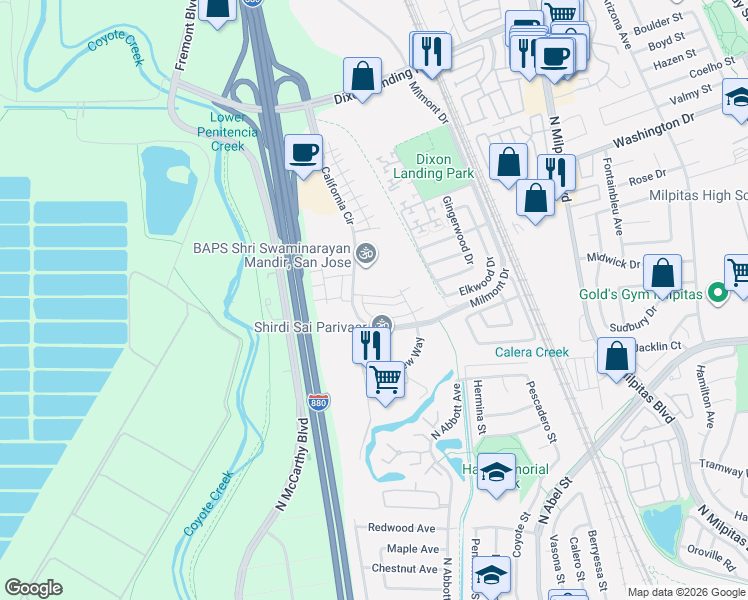 map of restaurants, bars, coffee shops, grocery stores, and more near 476 Desert Holly Street in Milpitas
