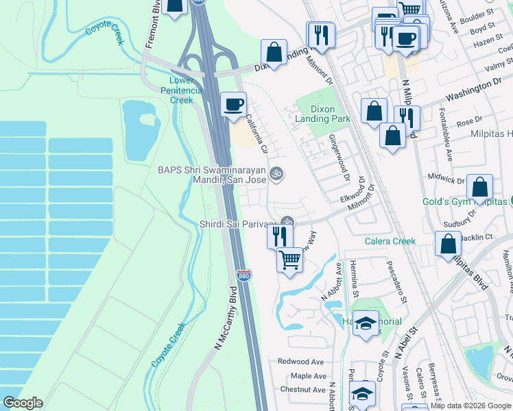map of restaurants, bars, coffee shops, grocery stores, and more near 1301 California Circle in Milpitas