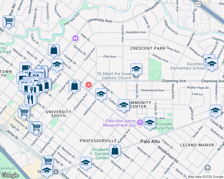map of restaurants, bars, coffee shops, grocery stores, and more near 1033 Guinda Street in Palo Alto