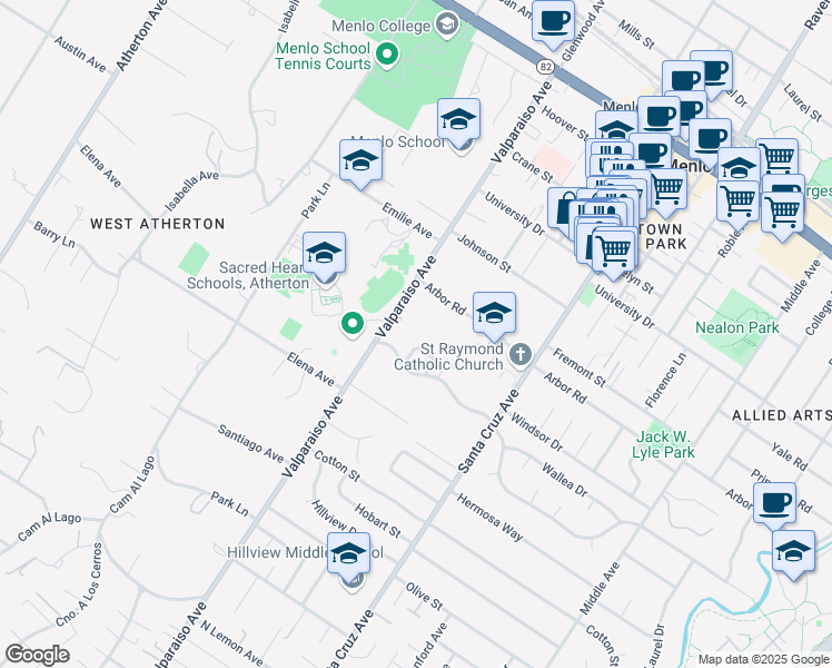 map of restaurants, bars, coffee shops, grocery stores, and more near 1360 Garden Lane in Menlo Park