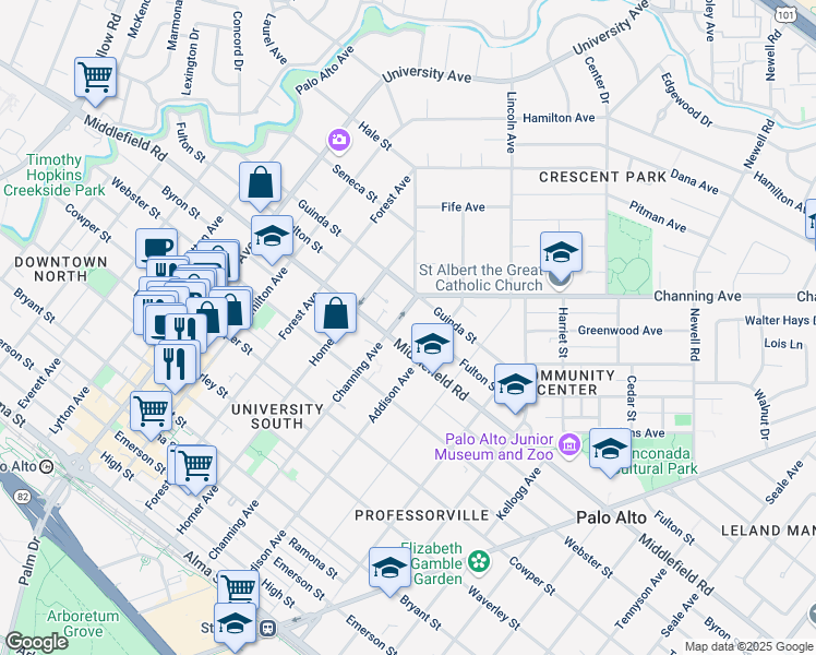 map of restaurants, bars, coffee shops, grocery stores, and more near 935 Middlefield Road in Palo Alto