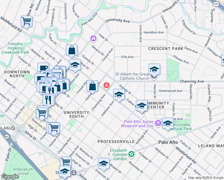 map of restaurants, bars, coffee shops, grocery stores, and more near 734 Channing Avenue in Palo Alto