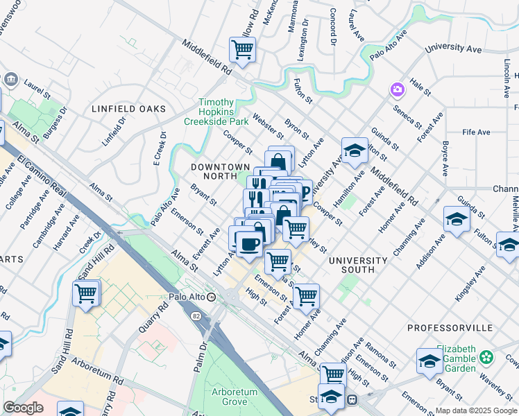 map of restaurants, bars, coffee shops, grocery stores, and more near 330 Everett Avenue in Palo Alto