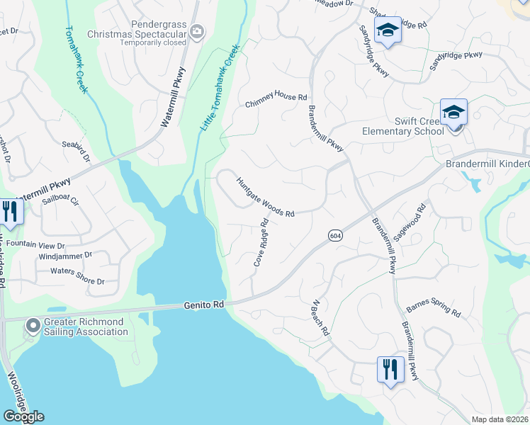 map of restaurants, bars, coffee shops, grocery stores, and more near 14208 Cove Ridge Court in Midlothian
