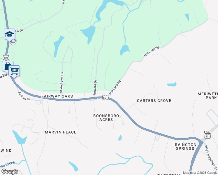 map of restaurants, bars, coffee shops, grocery stores, and more near 105 Millwoods West Road in Lynchburg