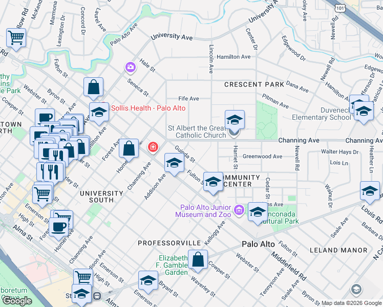 map of restaurants, bars, coffee shops, grocery stores, and more near 809 Lincoln Avenue in Palo Alto