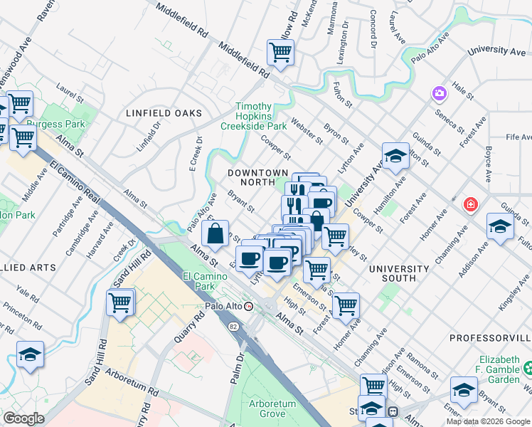 map of restaurants, bars, coffee shops, grocery stores, and more near 281 Everett Avenue in Palo Alto