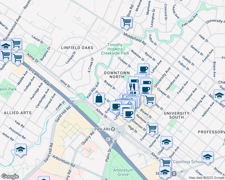map of restaurants, bars, coffee shops, grocery stores, and more near 246 Hawthorne Avenue in Palo Alto