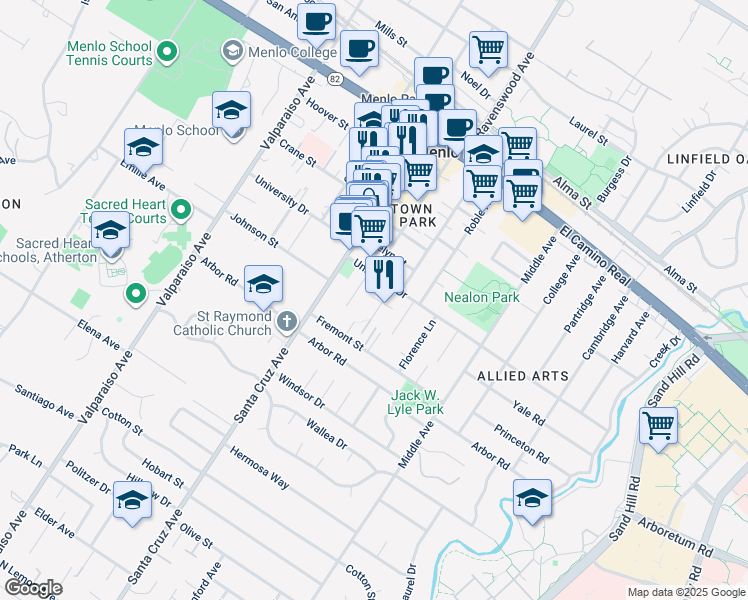 map of restaurants, bars, coffee shops, grocery stores, and more near 960 Oak Lane in Menlo Park