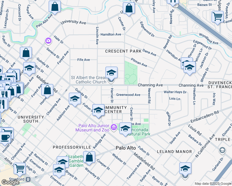 map of restaurants, bars, coffee shops, grocery stores, and more near 1121 Greenwood Avenue in Palo Alto