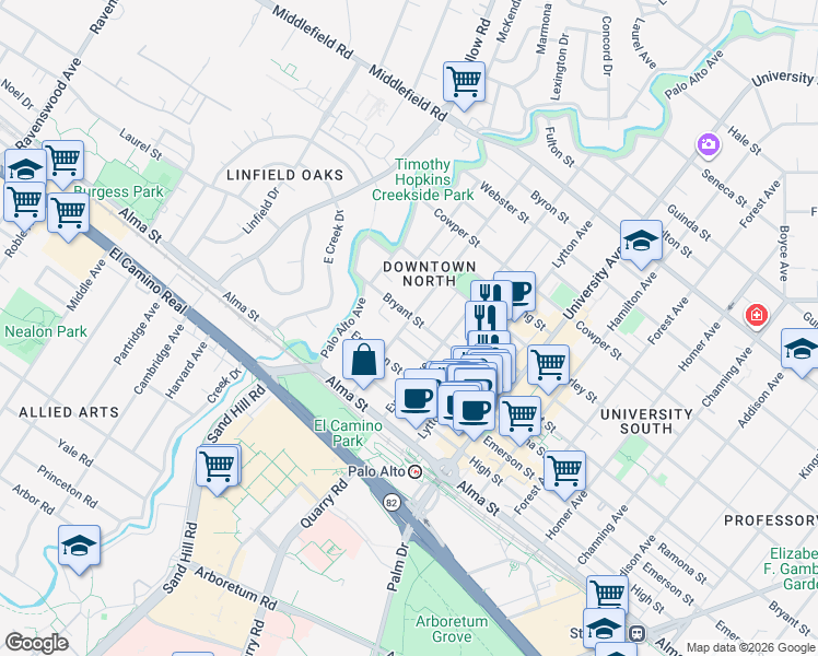 map of restaurants, bars, coffee shops, grocery stores, and more near 262 Hawthorne Avenue in Palo Alto