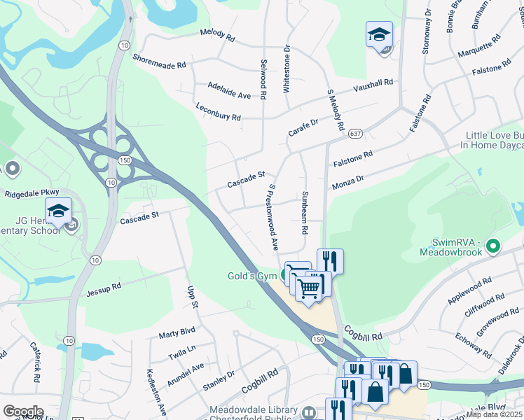 map of restaurants, bars, coffee shops, grocery stores, and more near 5300 South Prestonwood Avenue in Richmond