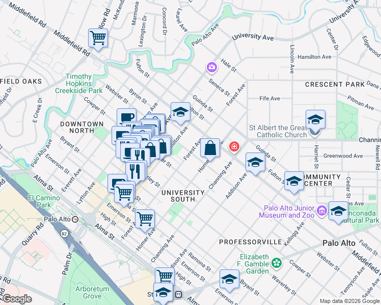 map of restaurants, bars, coffee shops, grocery stores, and more near Forest Ave & Webster St in Palo Alto
