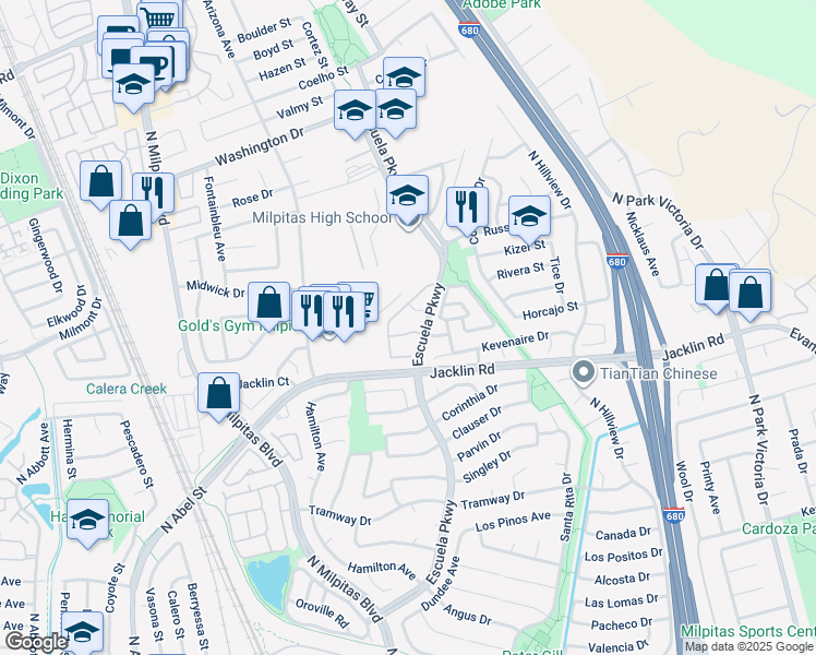 map of restaurants, bars, coffee shops, grocery stores, and more near 493 Altamont Drive in Milpitas