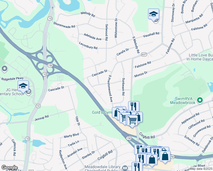map of restaurants, bars, coffee shops, grocery stores, and more near 5300 South Prestonwood Avenue in Richmond