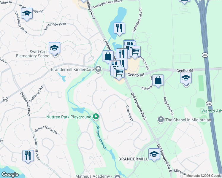 map of restaurants, bars, coffee shops, grocery stores, and more near 3123 Quail Hill Drive in Midlothian