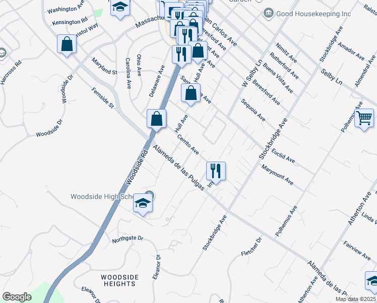map of restaurants, bars, coffee shops, grocery stores, and more near 2020 Helena Way in Redwood City