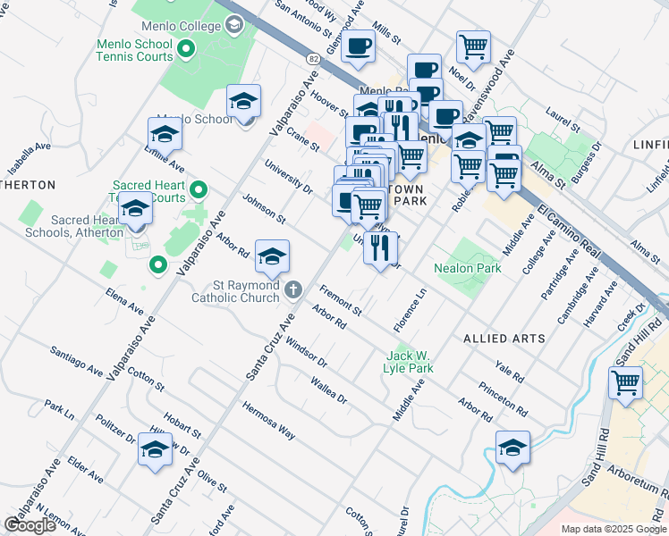 map of restaurants, bars, coffee shops, grocery stores, and more near 1070 Fremont Street in Menlo Park
