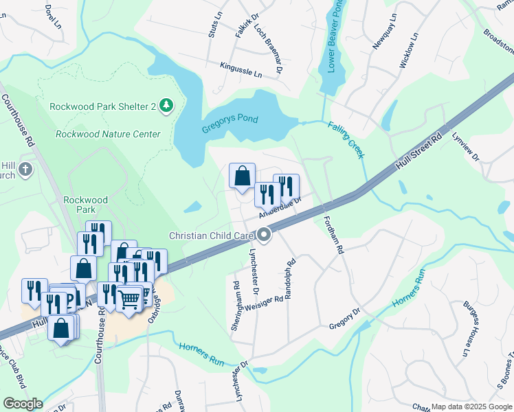 map of restaurants, bars, coffee shops, grocery stores, and more near 9410 Amberleigh Circle in Richmond