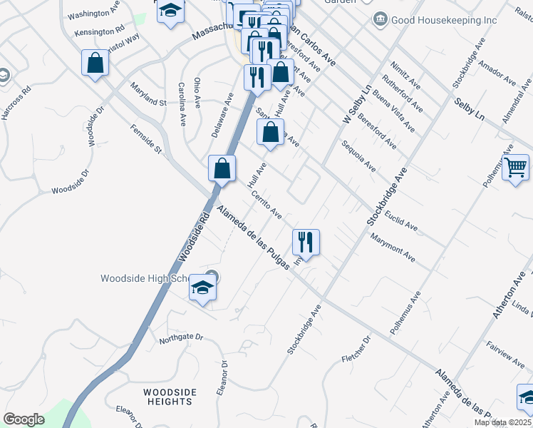 map of restaurants, bars, coffee shops, grocery stores, and more near 2020 Helena Way in Redwood City