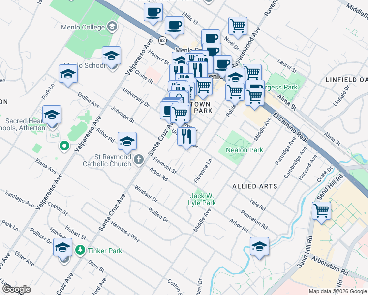 map of restaurants, bars, coffee shops, grocery stores, and more near 922 Oak Lane in Menlo Park
