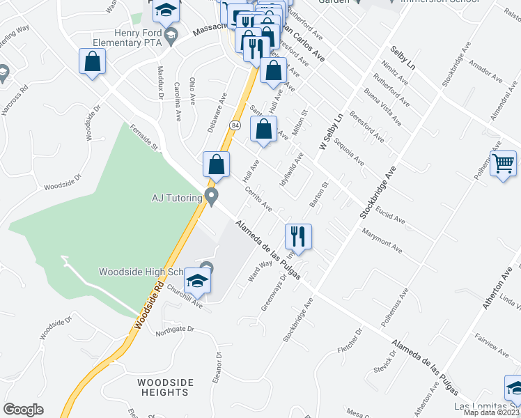 map of restaurants, bars, coffee shops, grocery stores, and more near 2020 Helena Way in Redwood City