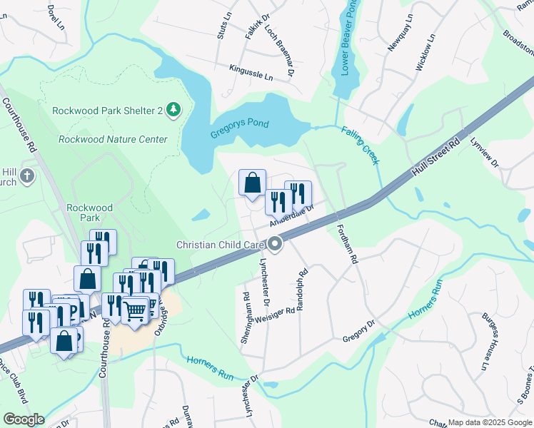 map of restaurants, bars, coffee shops, grocery stores, and more near 9410 Amberleigh Circle in Richmond