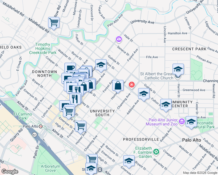 map of restaurants, bars, coffee shops, grocery stores, and more near 562 Forest Avenue in Palo Alto