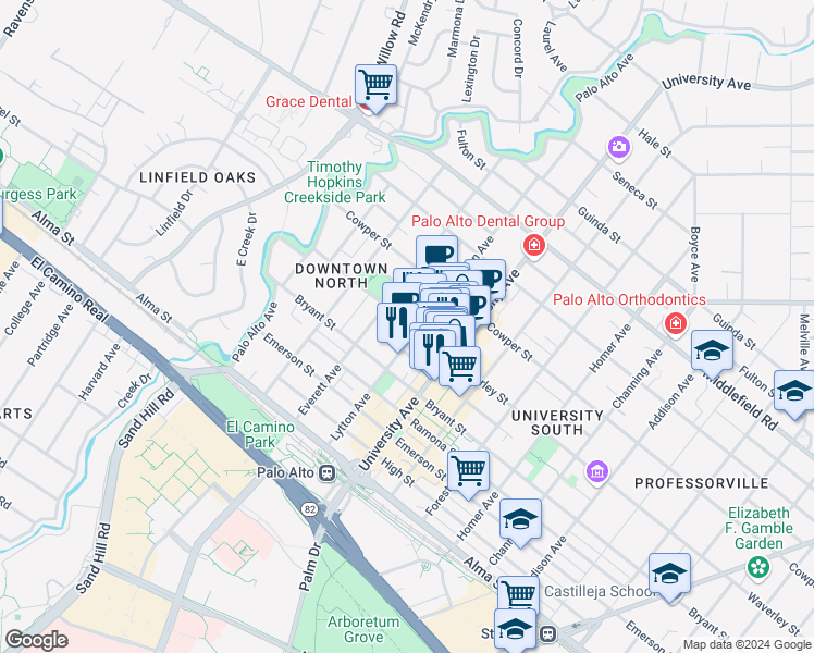 map of restaurants, bars, coffee shops, grocery stores, and more near 332 Waverley Street in Palo Alto