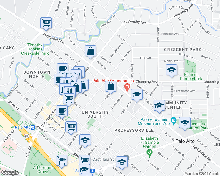 map of restaurants, bars, coffee shops, grocery stores, and more near 651 Homer Avenue in Palo Alto
