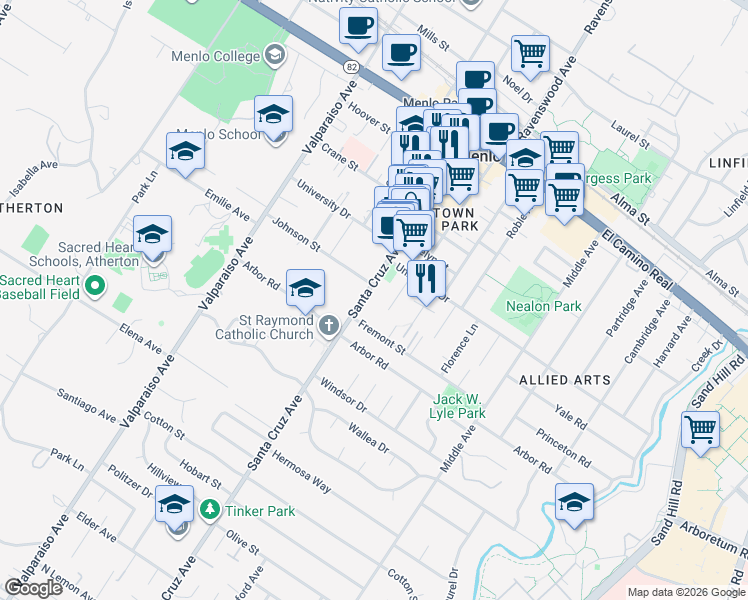map of restaurants, bars, coffee shops, grocery stores, and more near 1027 Santa Cruz Avenue in Menlo Park