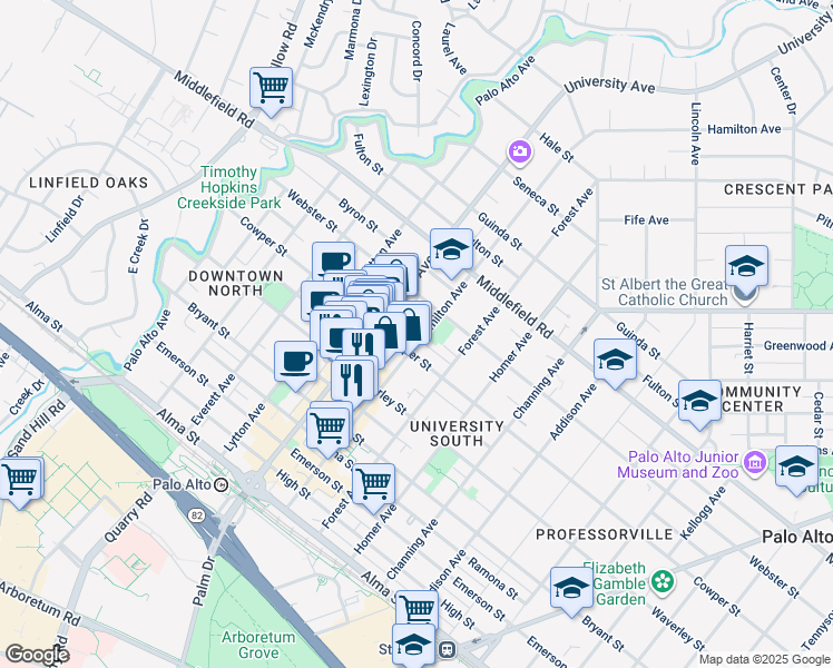 map of restaurants, bars, coffee shops, grocery stores, and more near 525 Hamilton Avenue in Palo Alto