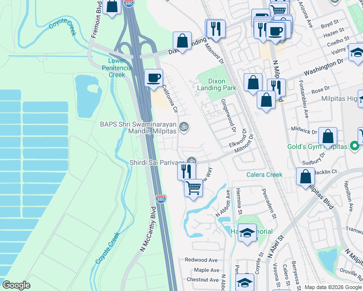 map of restaurants, bars, coffee shops, grocery stores, and more near 491 Snap Dragon Street in Milpitas