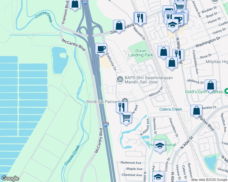 map of restaurants, bars, coffee shops, grocery stores, and more near 1359 California Circle in Milpitas