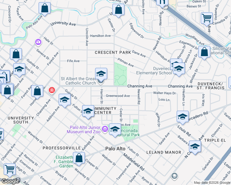 map of restaurants, bars, coffee shops, grocery stores, and more near 1160 Greenwood Avenue in Palo Alto