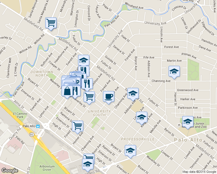 map of restaurants, bars, coffee shops, grocery stores, and more near 562 Forest Avenue in Palo Alto