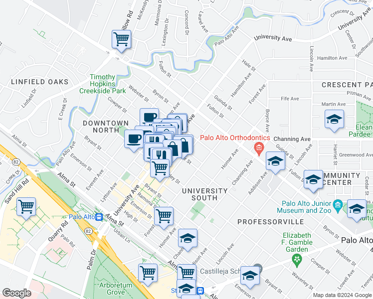 map of restaurants, bars, coffee shops, grocery stores, and more near 619 Cowper Street in Palo Alto