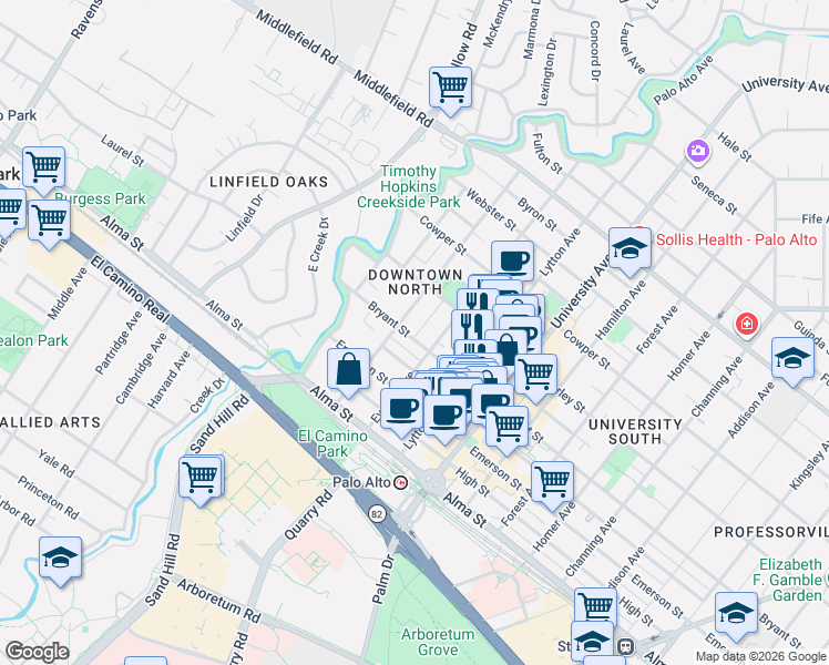 map of restaurants, bars, coffee shops, grocery stores, and more near 281 Everett Avenue in Palo Alto