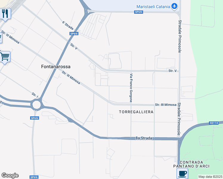 map of restaurants, bars, coffee shops, grocery stores, and more near 14 Strada III Mimosa in Catania