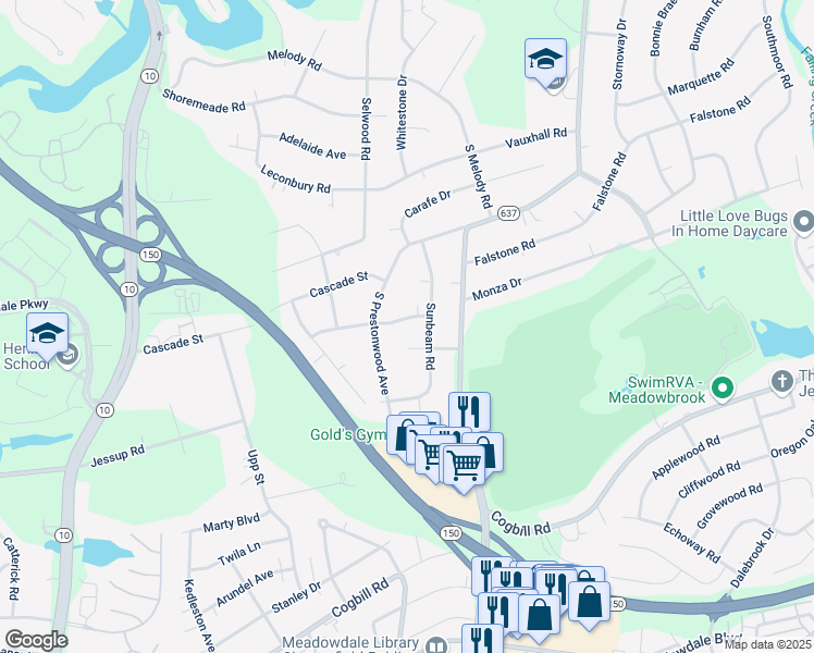 map of restaurants, bars, coffee shops, grocery stores, and more near 4323 Deertrail Drive in Richmond