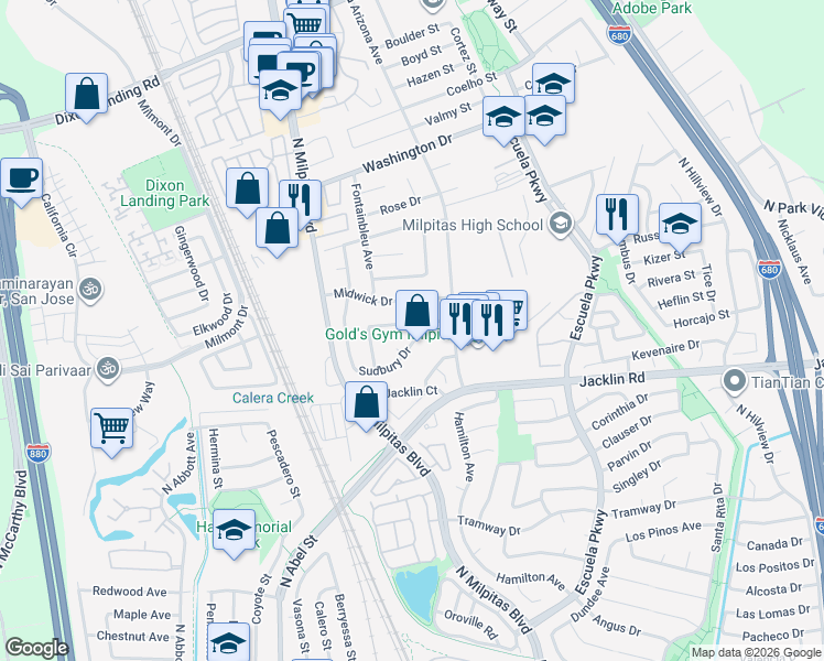 map of restaurants, bars, coffee shops, grocery stores, and more near 153 Sudbury Drive in Milpitas