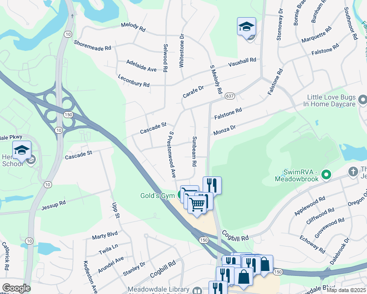 map of restaurants, bars, coffee shops, grocery stores, and more near 4323 Deertrail Drive in Richmond